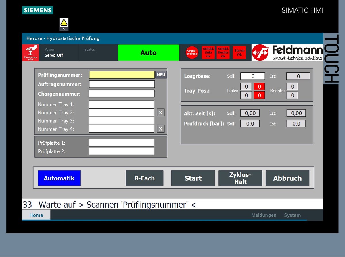 Bedienoberfläche einer Prüfanlage auf einem Siemens SIMATIC HMI, Titel Hydrostatische Prüfung